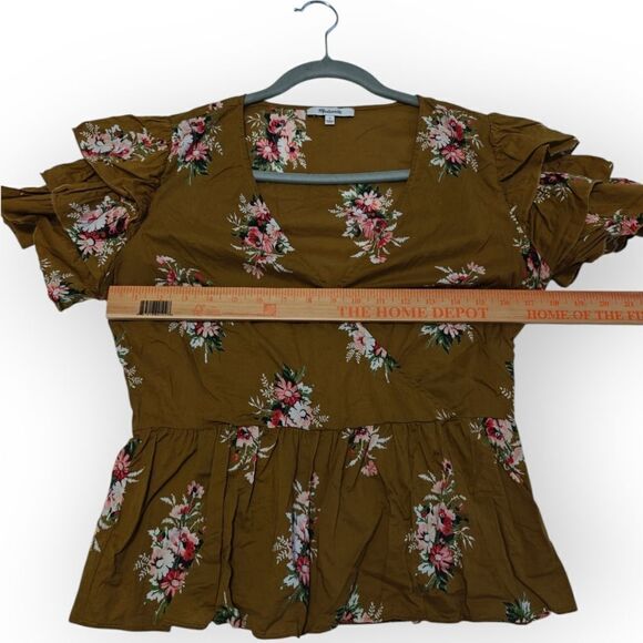 Madewell Cotton Floral Ruffle Sleeve Wrap Top - Brown size 4 - Picture 5 of 7